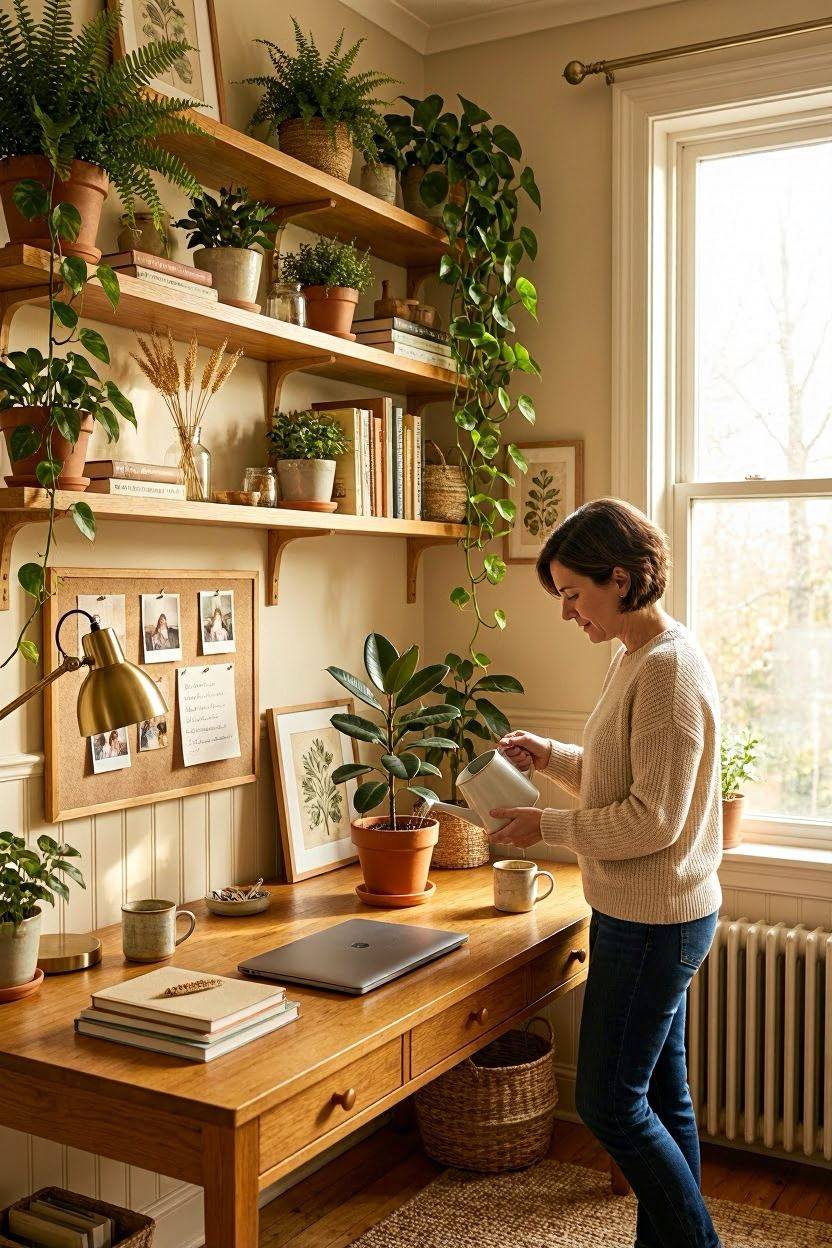 Home office desk styled with green plants for a calming atmosphere