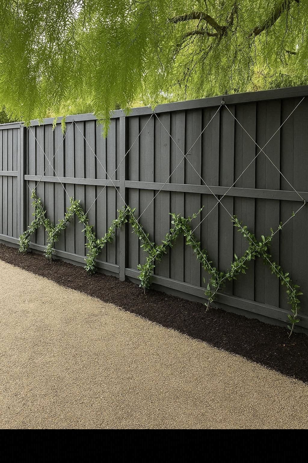 Gardener planting jasmine vine at the base of a wooden trellis