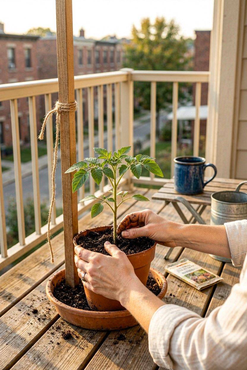 Planting tomato and cucumber seedlings with proper spacing near a trellis