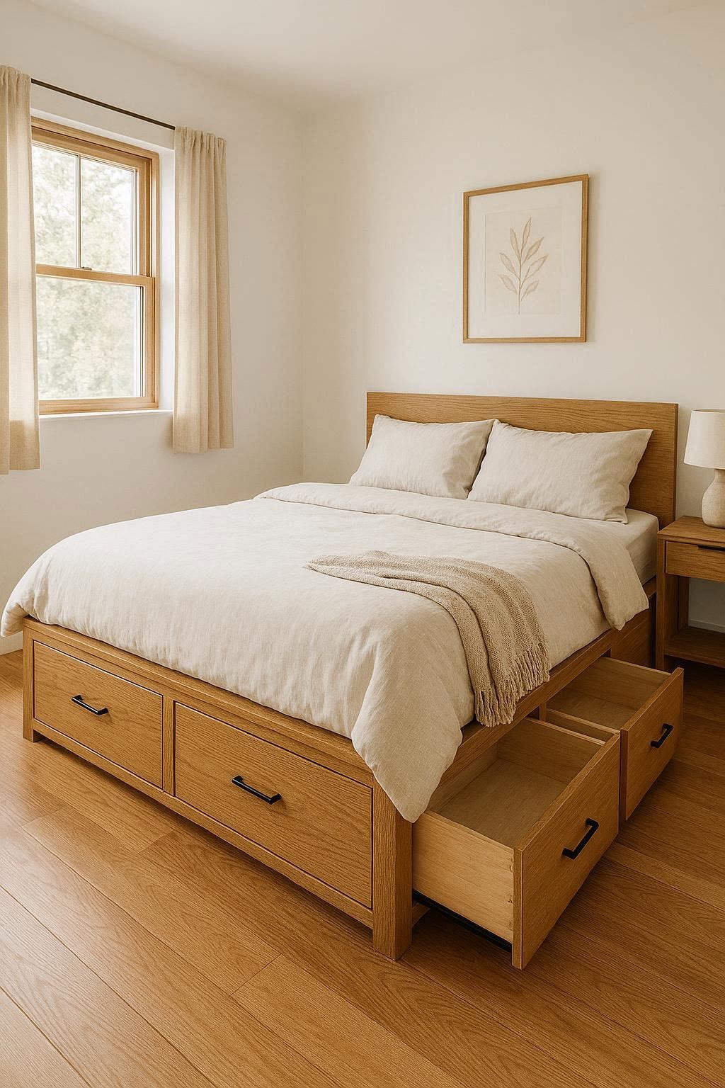 Platform bed with built-in storage drawers in a small bedroom with white walls and warm wood tones