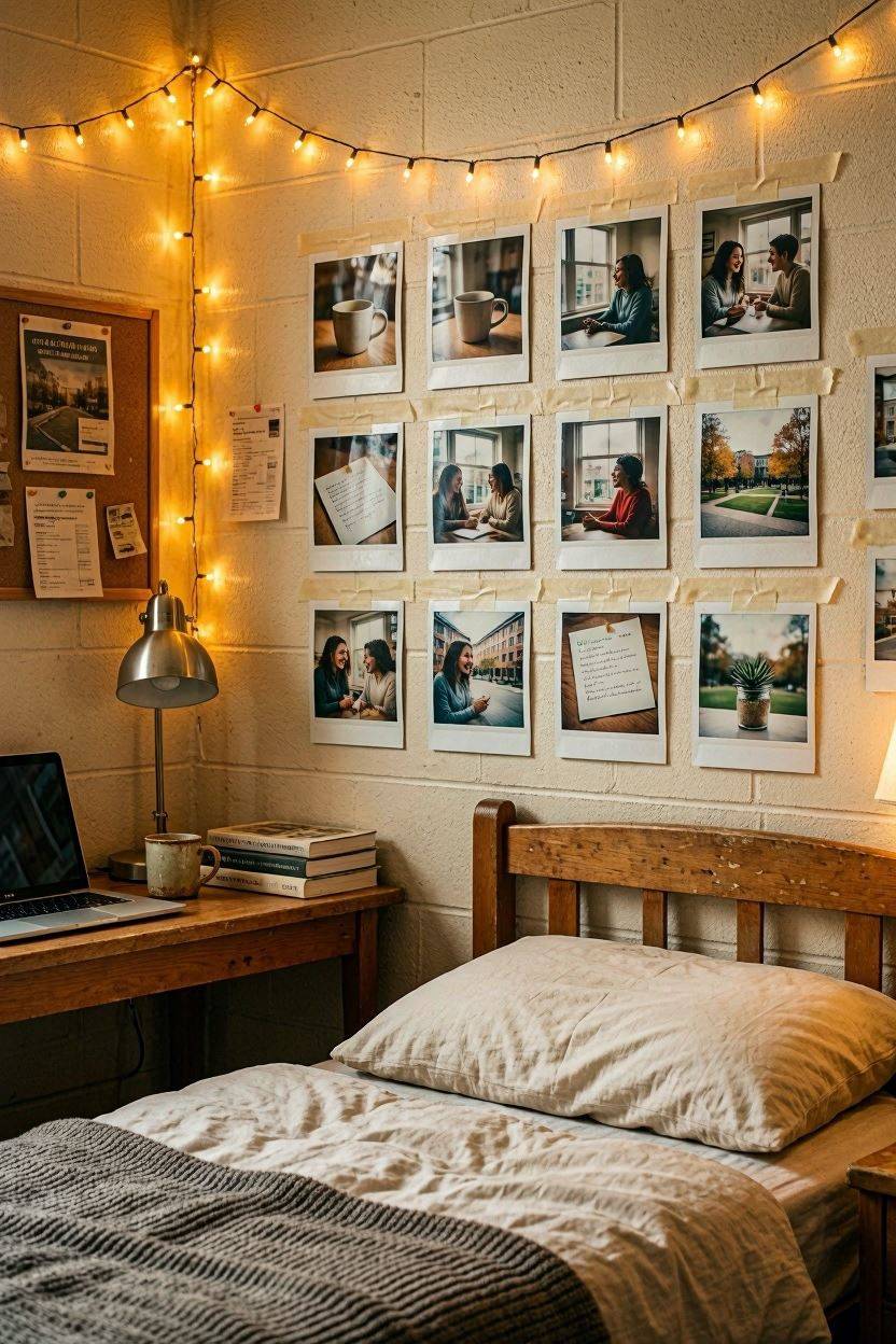 Small polaroid photo wall arranged beside a dorm bed