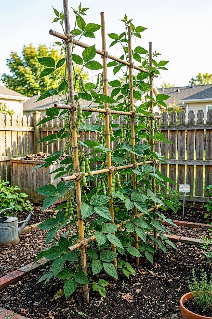 Pole bean plants climbing a bamboo trellis
