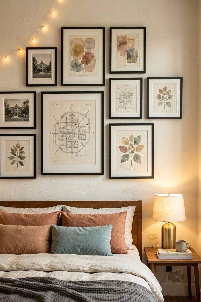 Framed poster gallery wall arranged above a dorm bed headboard