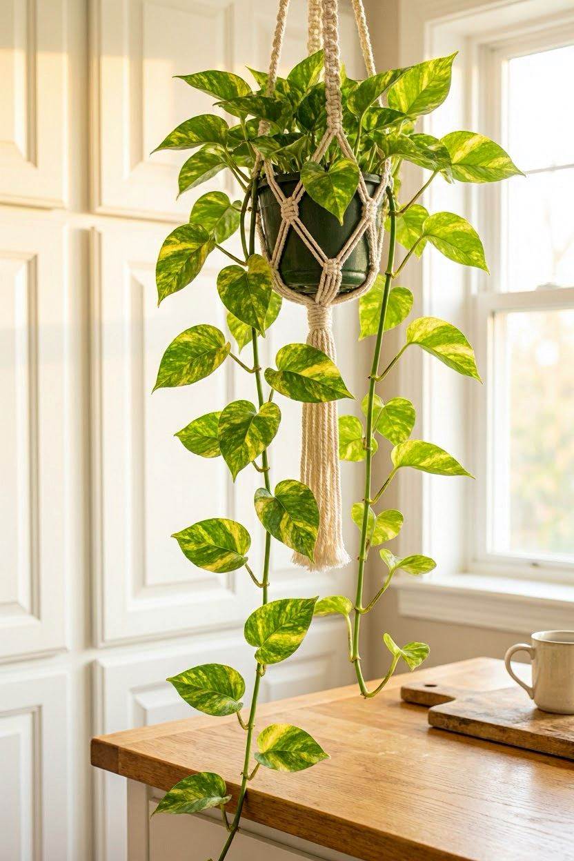 Trailing golden pothos in a cream macramé hanger near a kitchen window