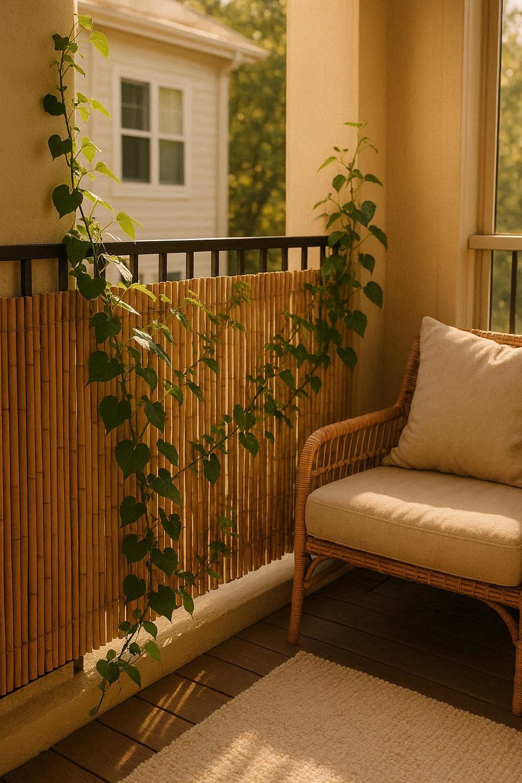 Bamboo privacy screen and trellis on apartment balcony railing