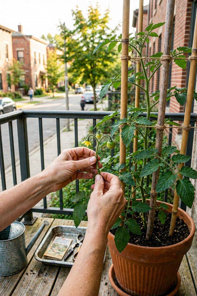 Pruning tomato suckers and guiding cucumber tendrils along a trellis weekly