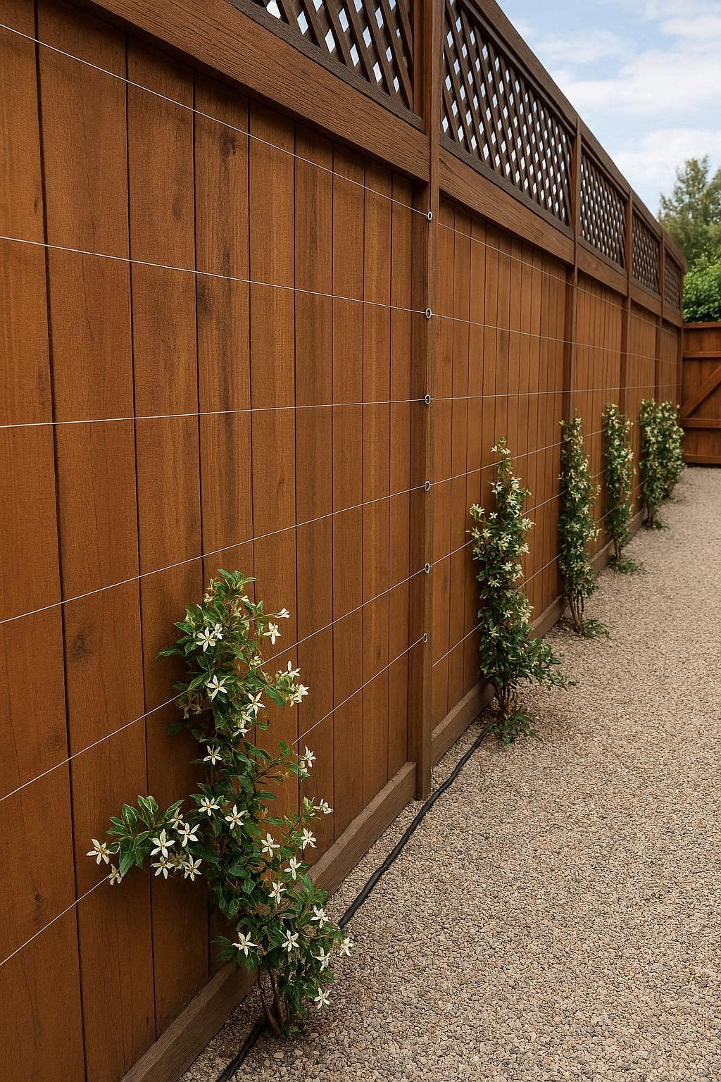 Gardener pruning jasmine vines on a trellis with garden shears