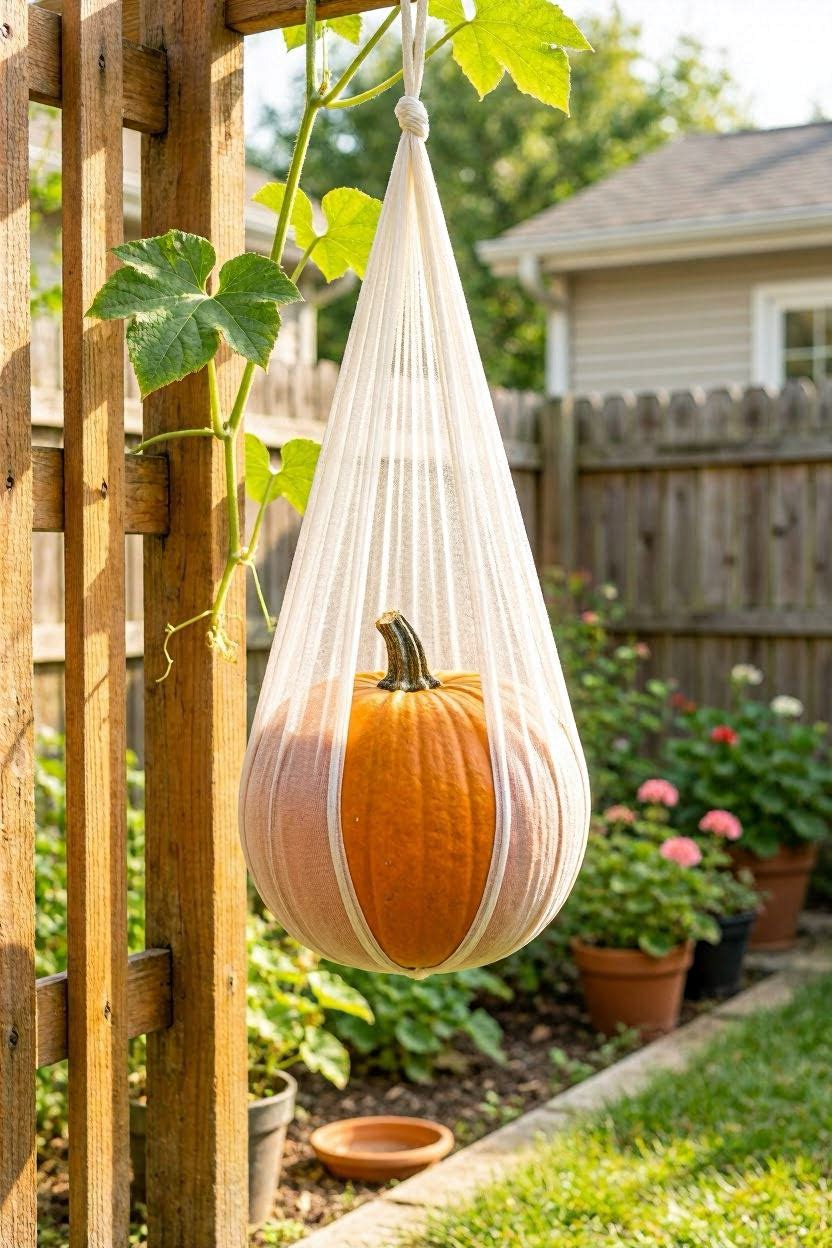 A pumpkin resting in a DIY pantyhose sling hammock tied to a garden trellis for vertical growing support