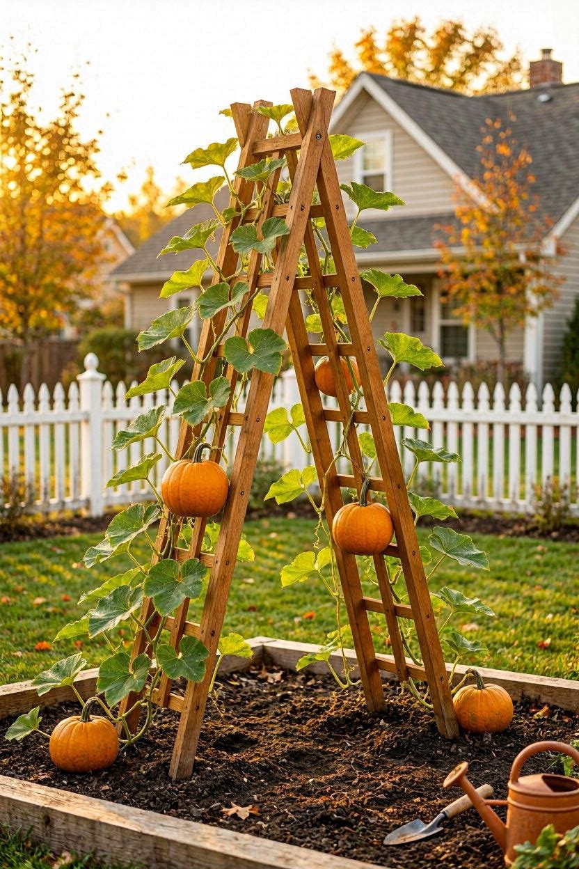 A beautiful vertical pumpkin trellis in a sunny backyard garden with small pumpkins hanging from a wooden A-frame structure