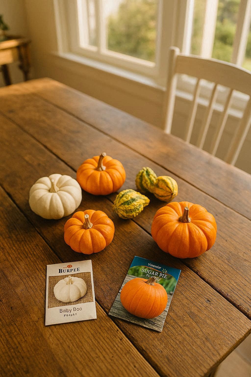 Colorful small pumpkin varieties like Baby Boo and Jack Be Little hanging from a simple garden trellis