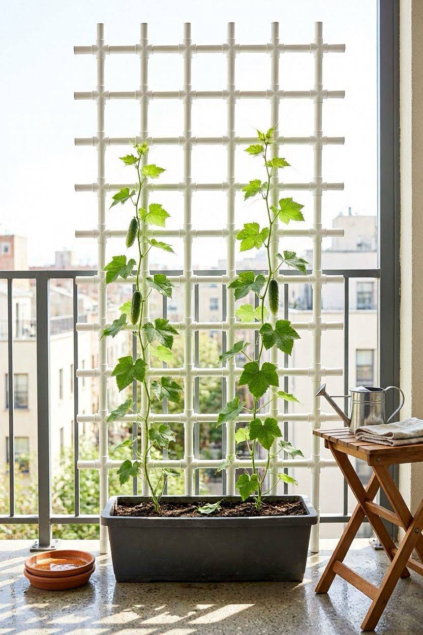 Painted PVC pipe grid trellis on a balcony with green climbing vines