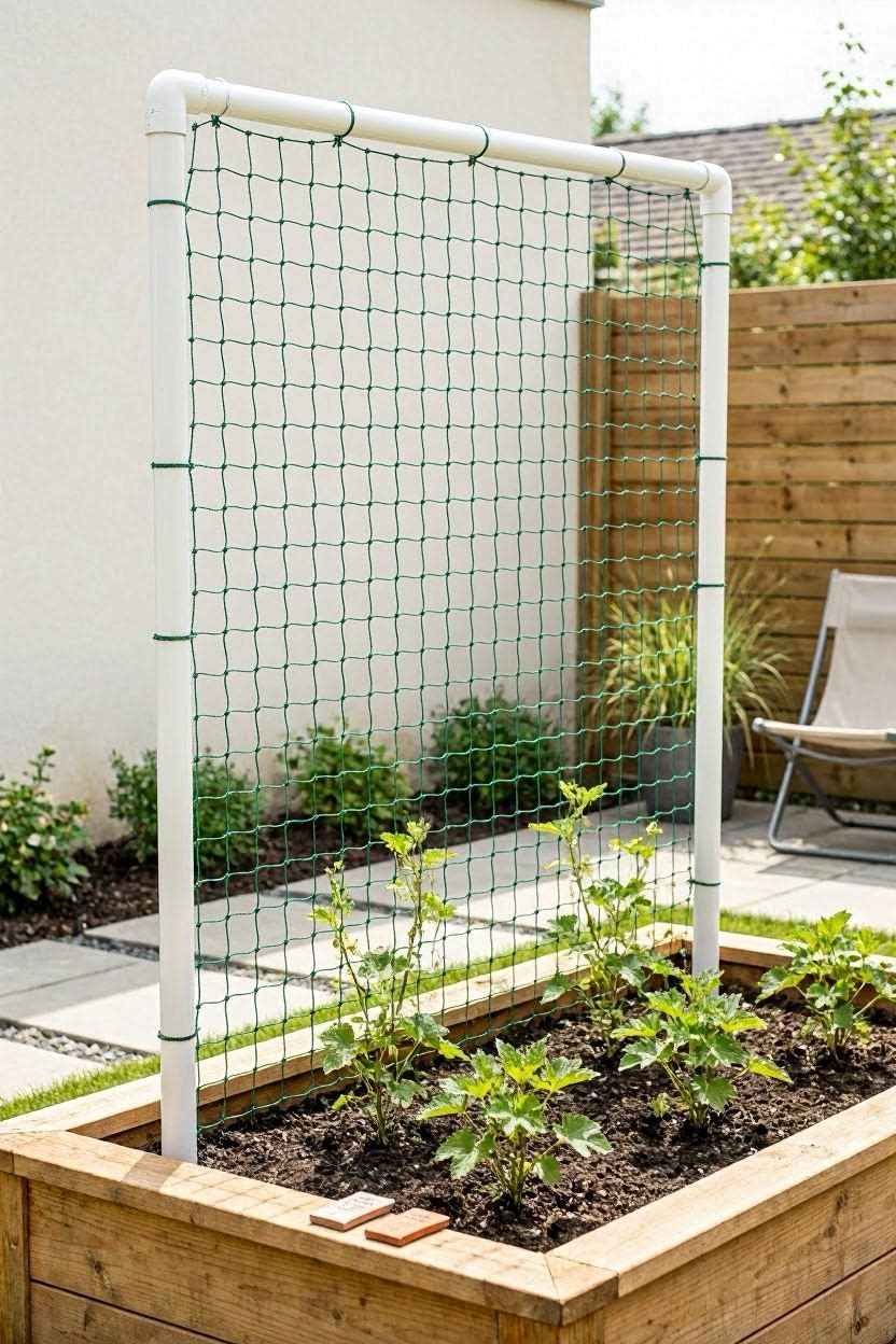 Lightweight white PVC frame trellis with mesh netting stretched between posts in a raised bed garden