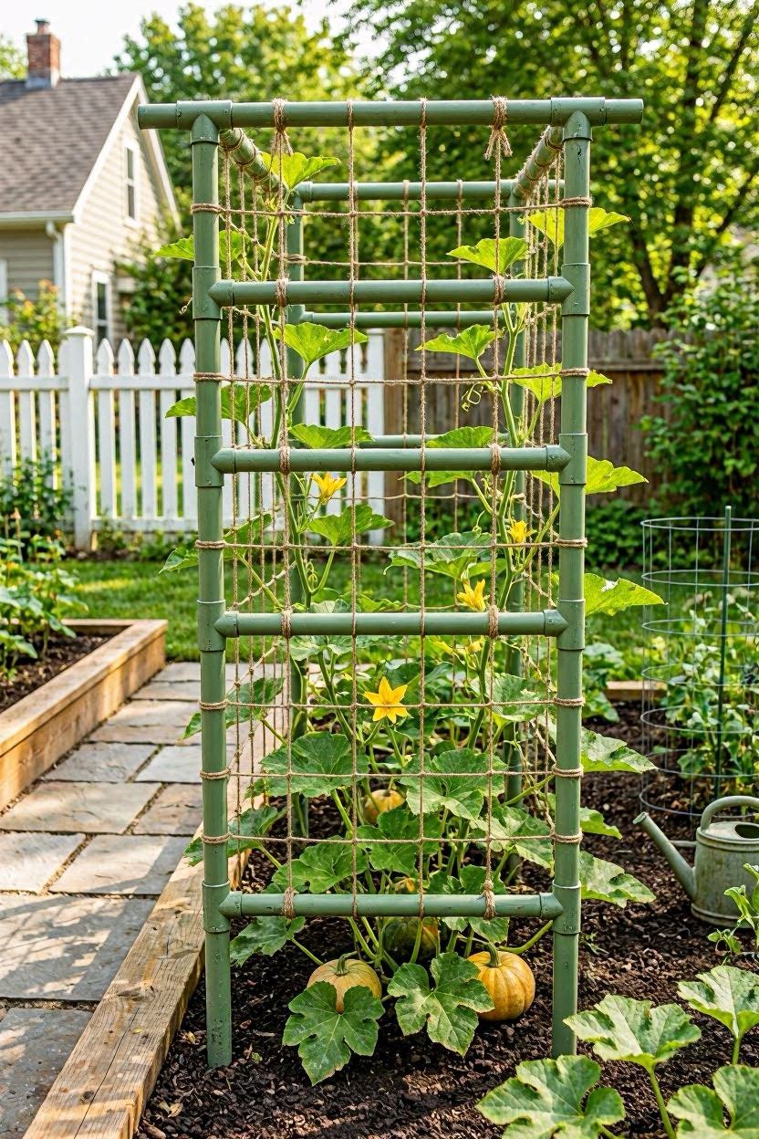 PVC pipe frame pumpkin trellis with twine support in vegetable garden