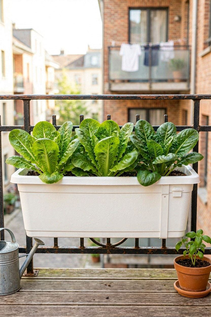 Railing planter boxes with lettuce and spinach on a sunny balcony