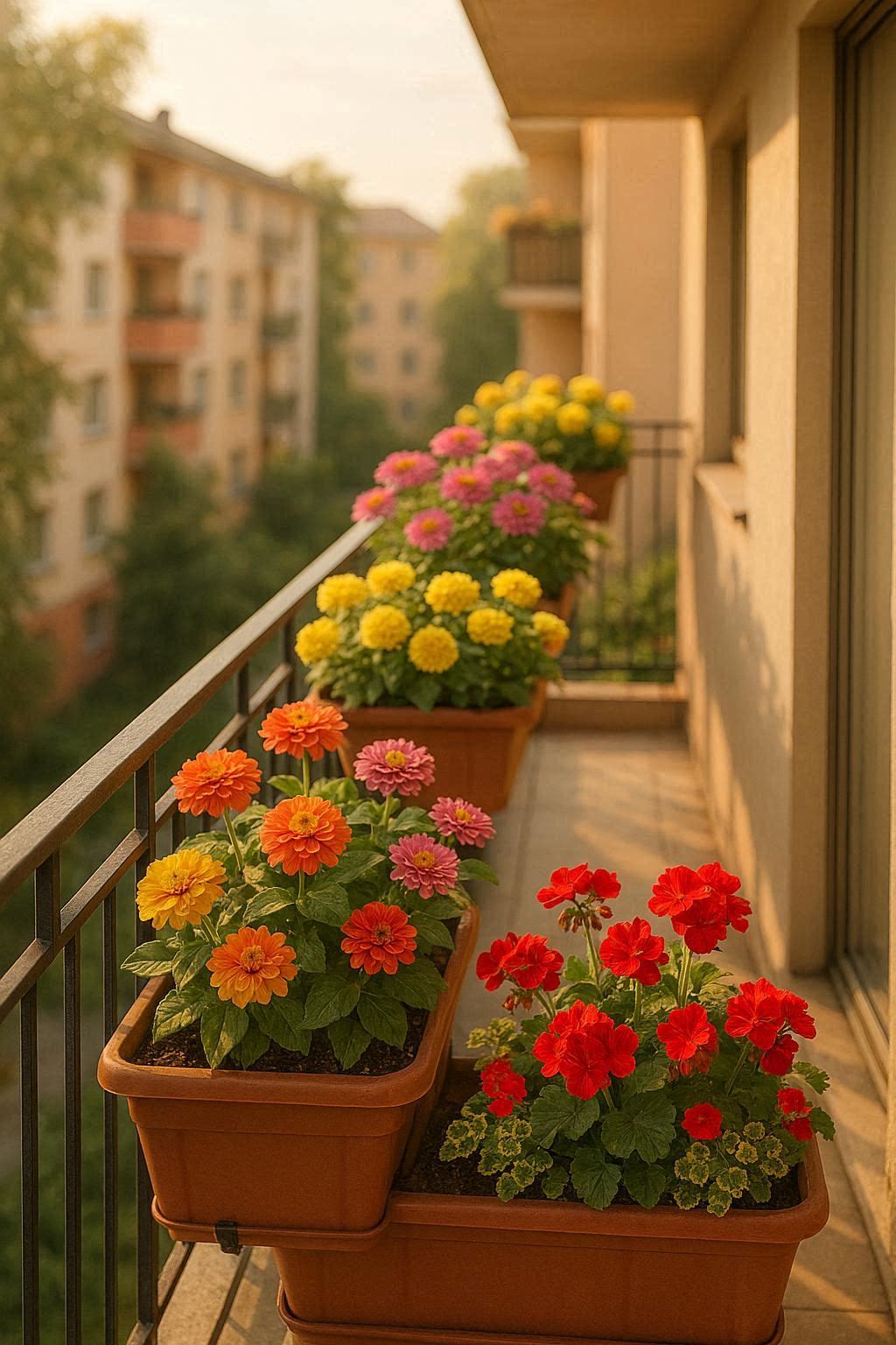 Railing planters with flowers on apartment balcony railing