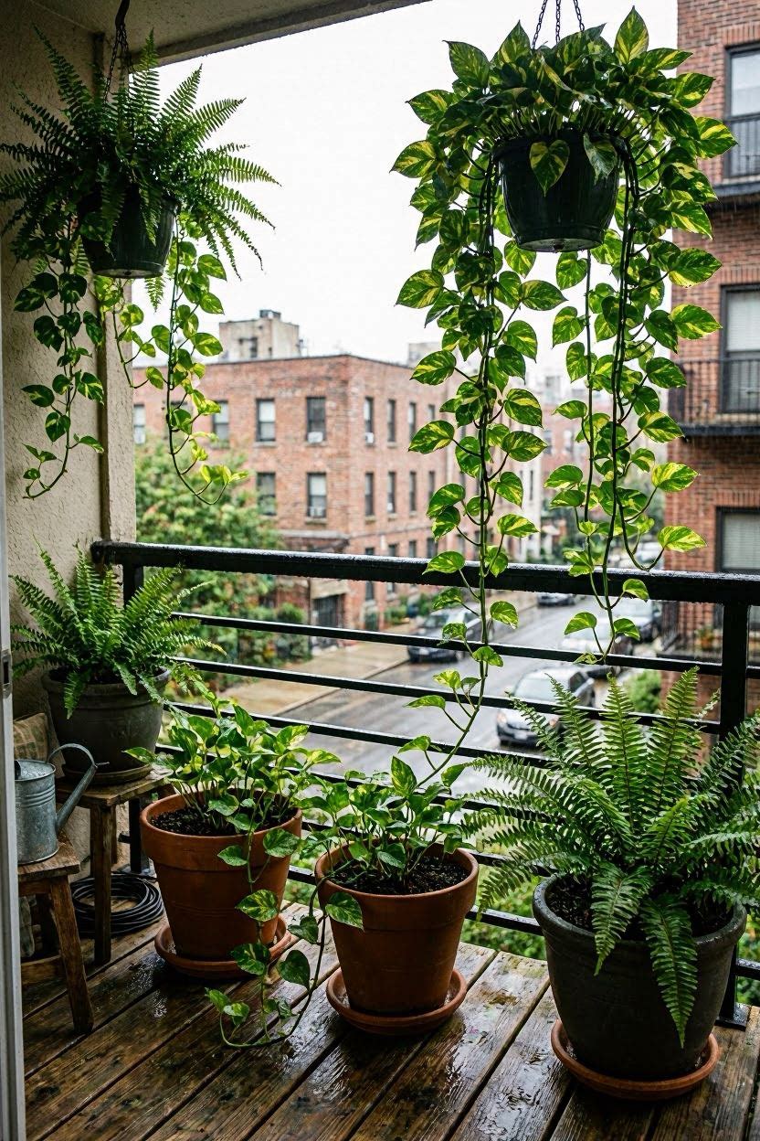 Pothos, begonia and ferns thriving on a shaded balcony during the rainy season