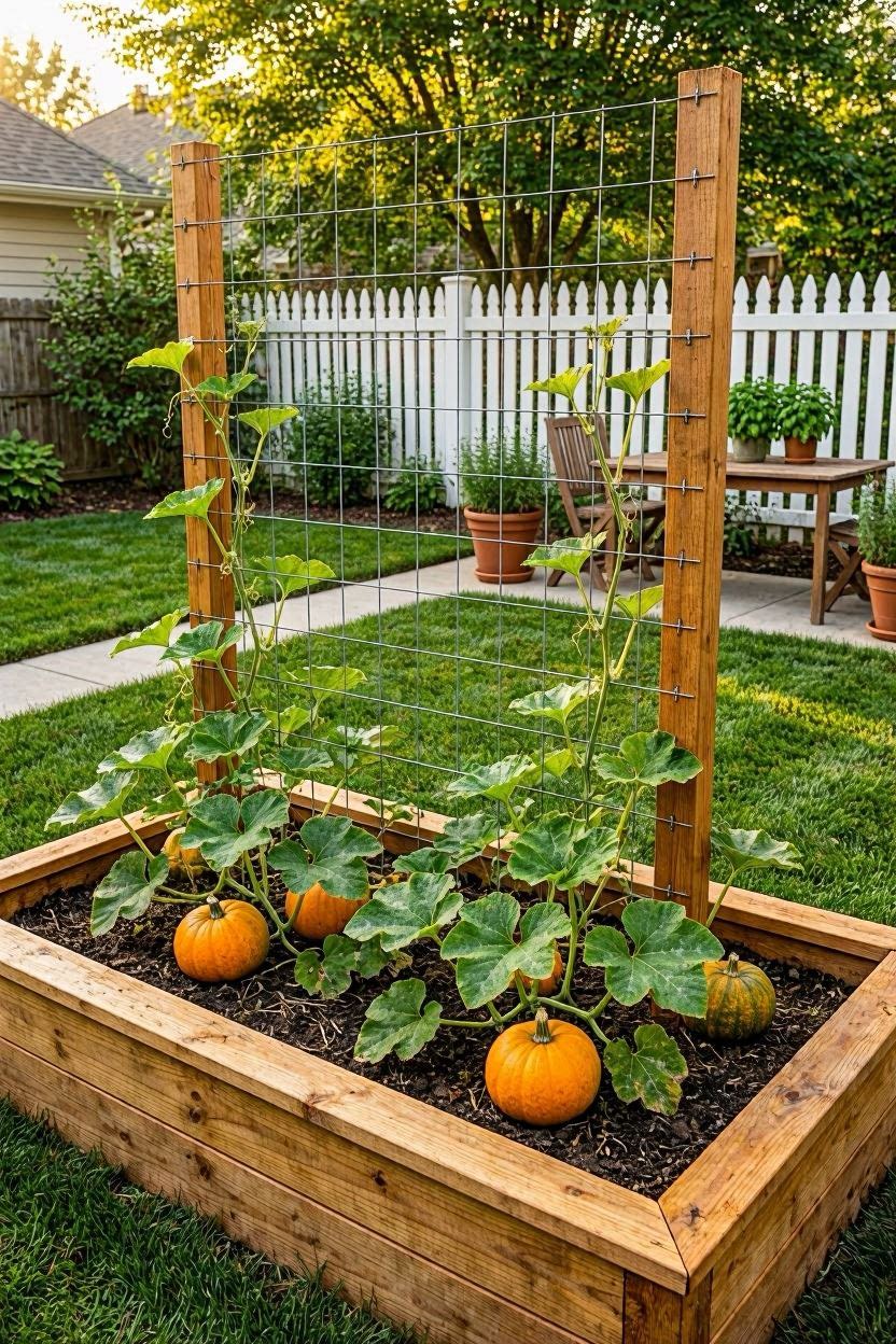 Raised garden bed with attached wire trellis growing pumpkin vines