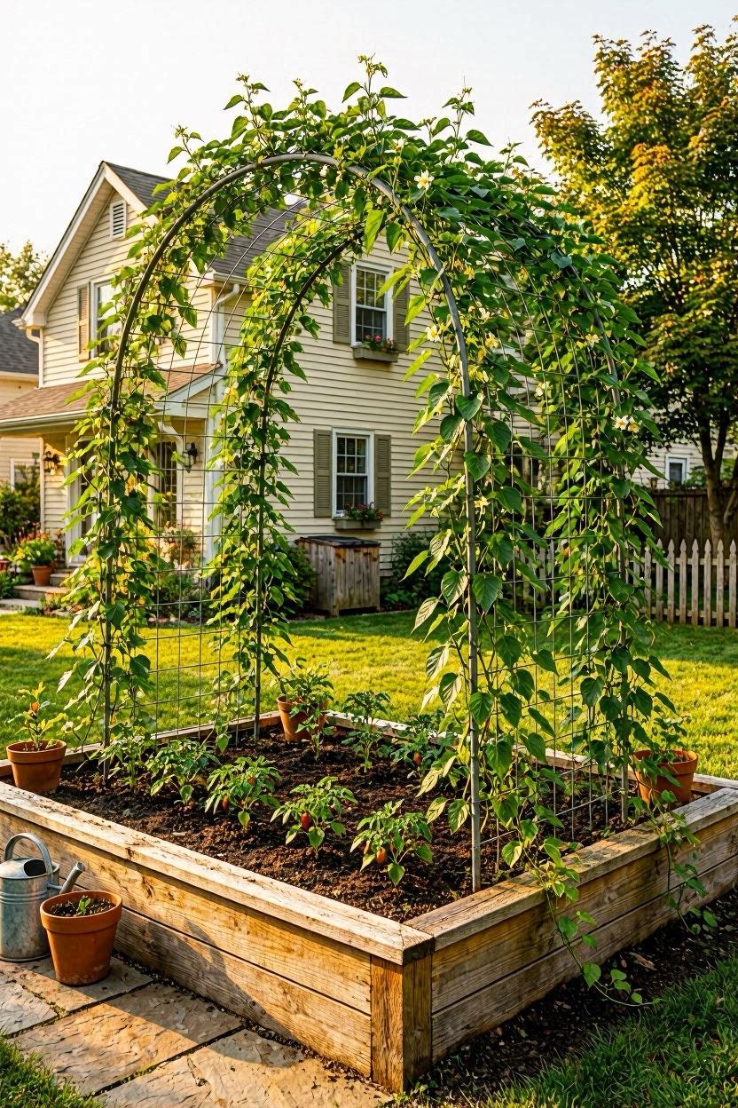 A beautiful wooden raised garden bed with a curved trellis arch covered in climbing vines in a sunny backyard