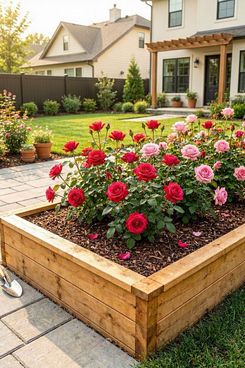 Wooden raised garden bed filled with red and pink roses in a sunny backyard
