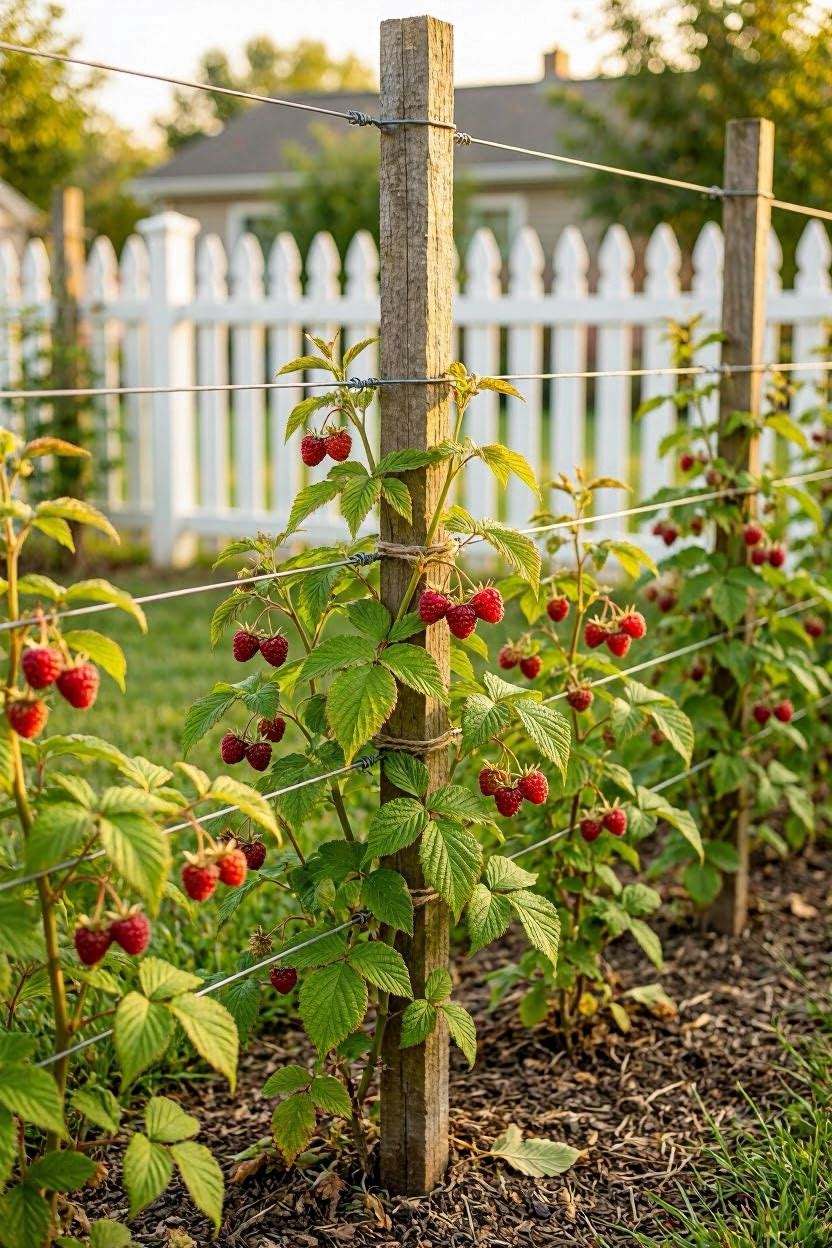 Wooden T-post raspberry trellis in a sunny backyard garden with canes tied neatly in rows