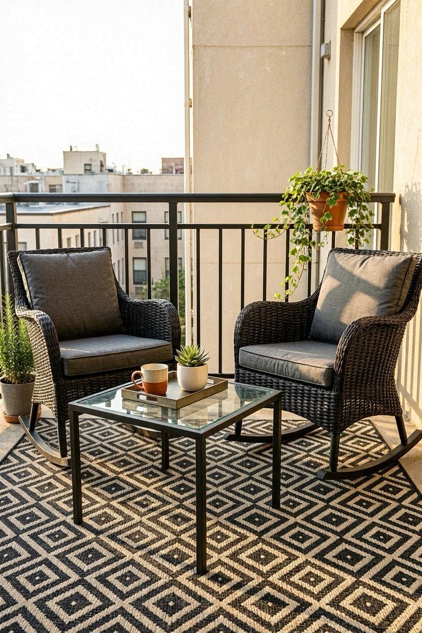 Two black rattan rocking chairs with dark cushions and a glass top coffee table set on a small apartment balcony