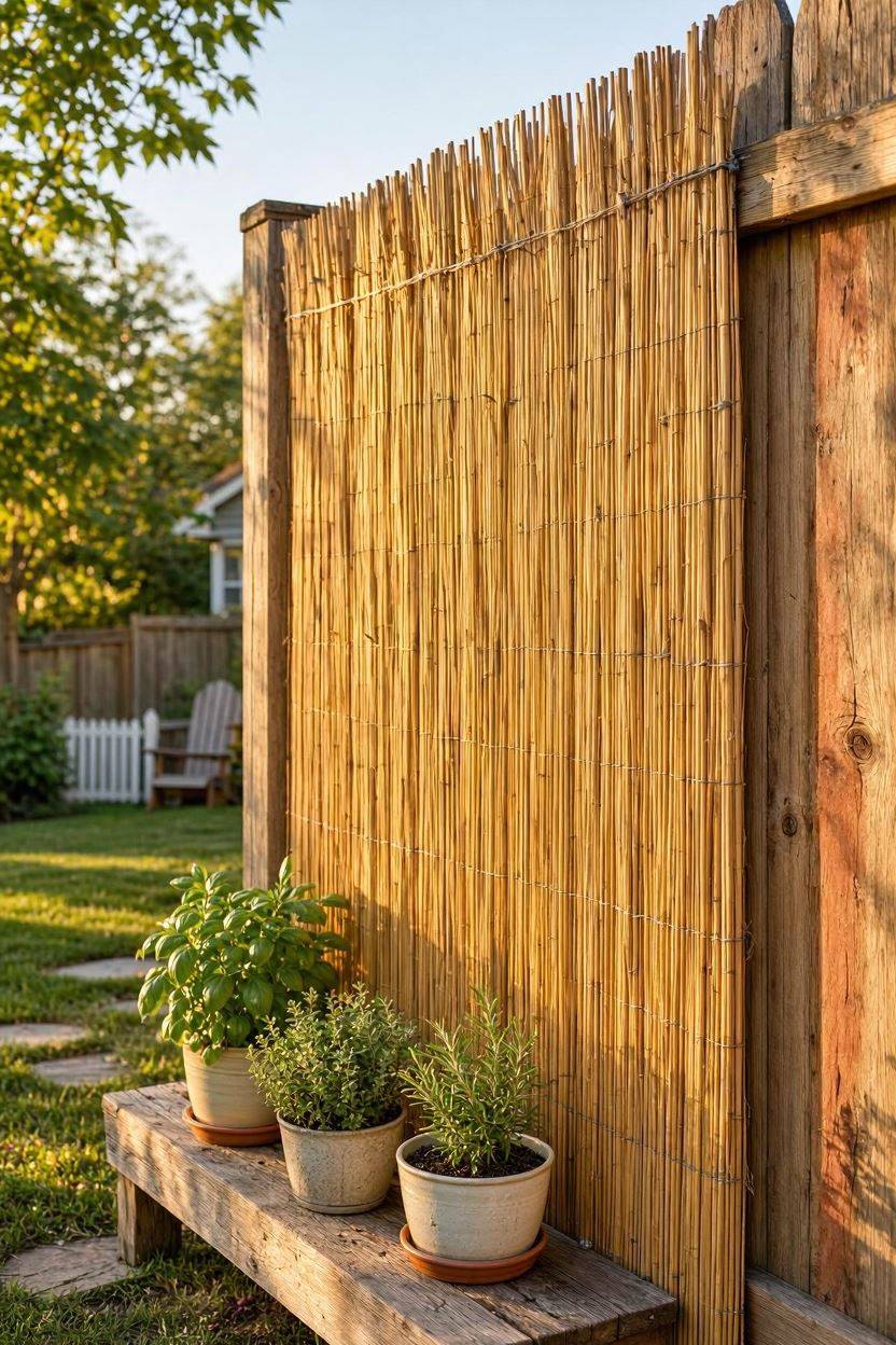 Reed fencing screen attached to wood fence