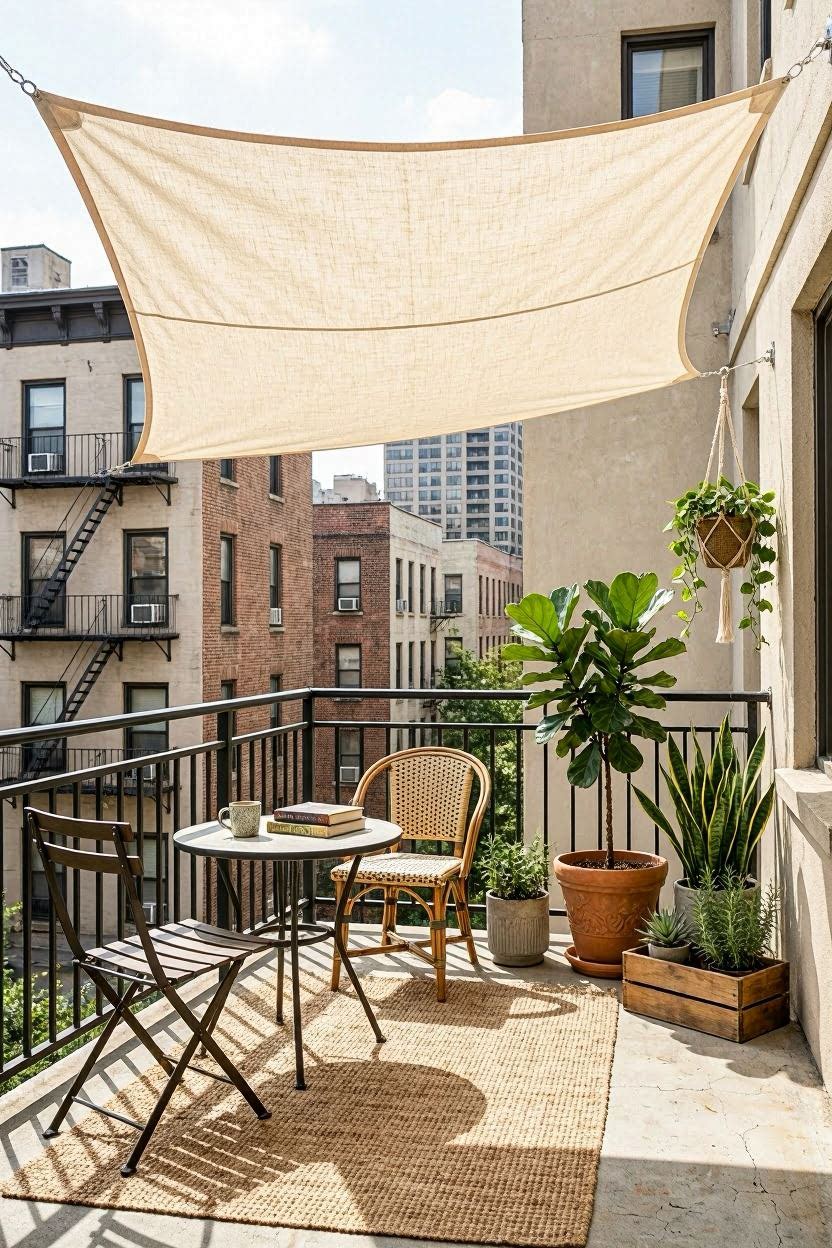 Renter-friendly balcony shade setup using clamp-mounted shade sails and planter rail hooks