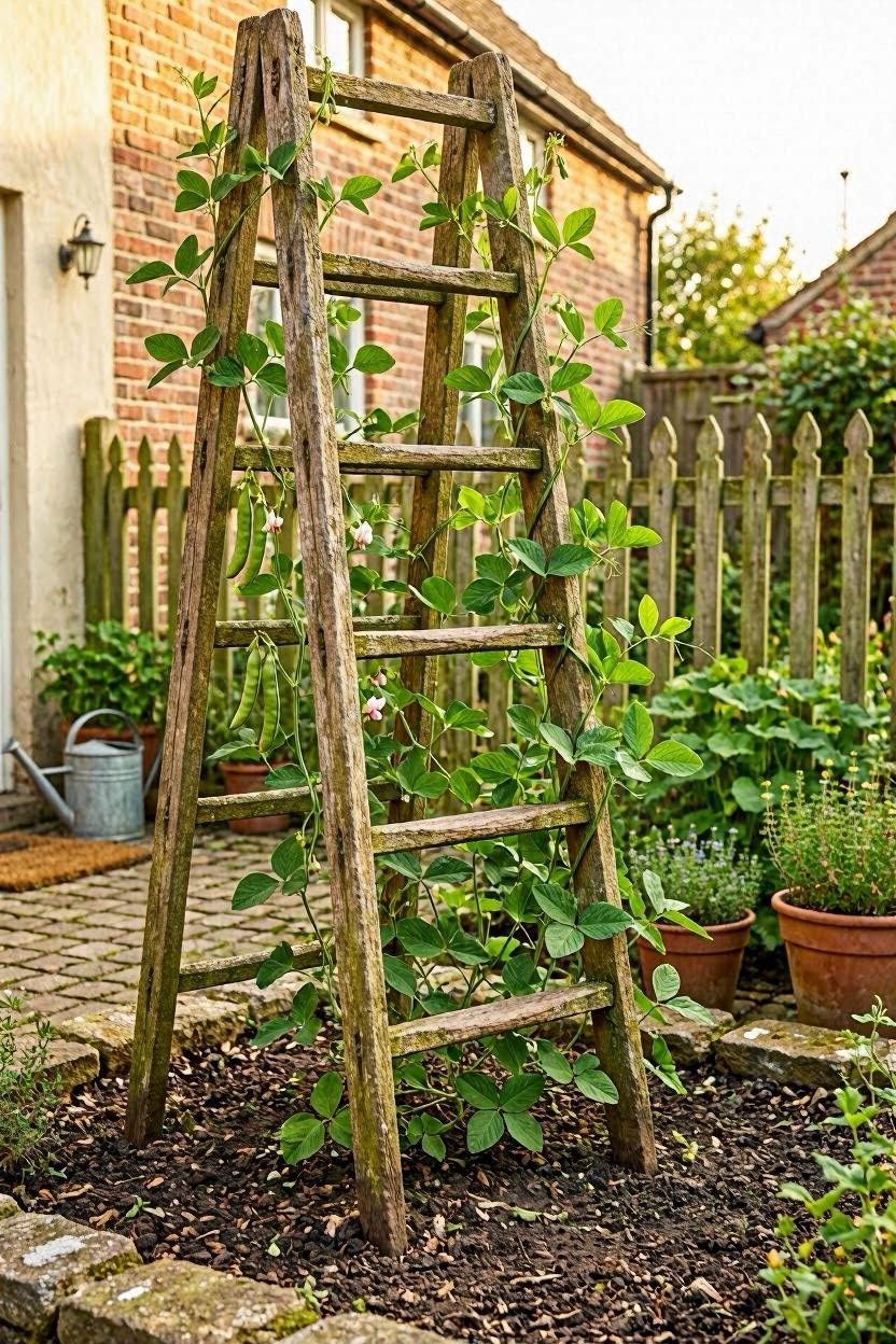 Repurposed wooden ladder trellis design idea for garden