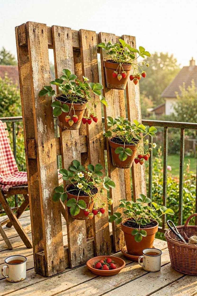 Rustic wooden pallet trellis standing upright on a balcony with trailing plants