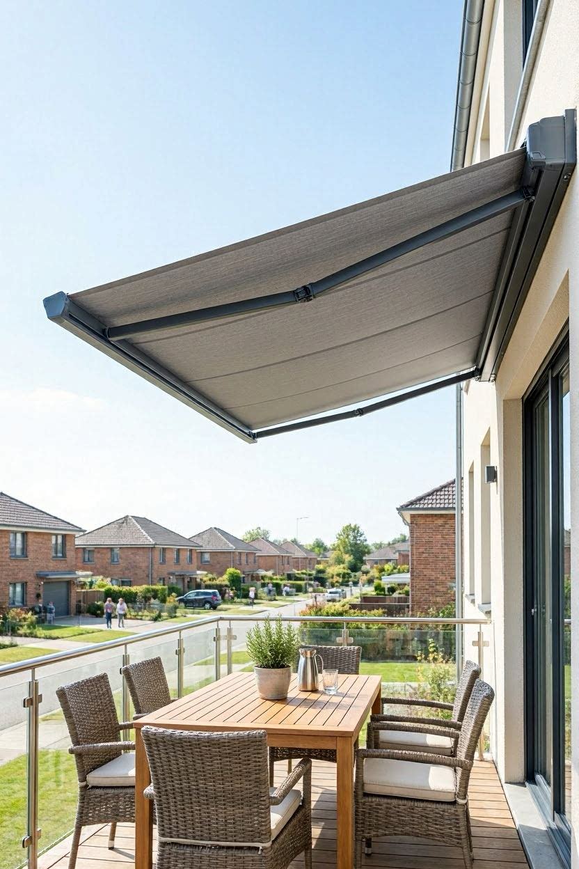 Motorised retractable awning extended over a balcony on a sunny day