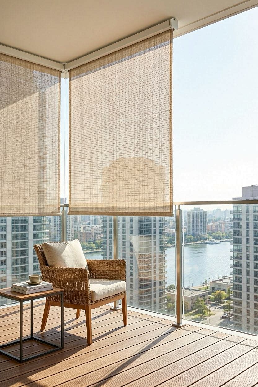 Modern retractable roller shade on high-rise apartment balcony blocking afternoon sun and neighbors