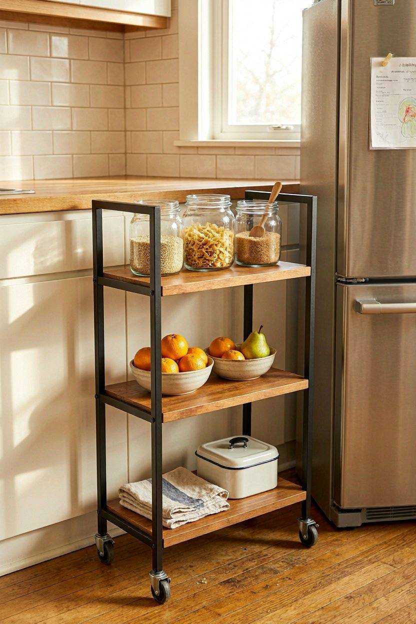 Rolling kitchen cart used as extra counter and storage space