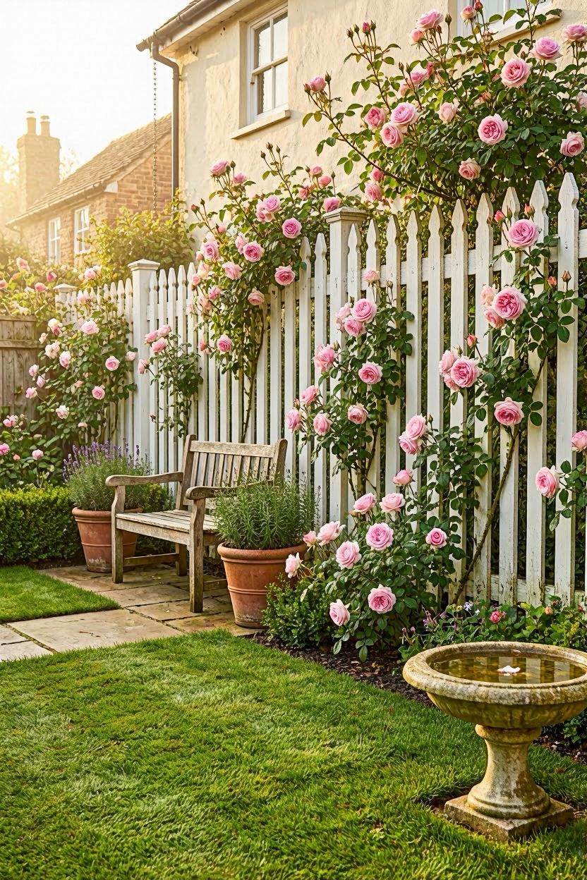 Beautiful rose garden in full bloom with climbing roses on a white fence