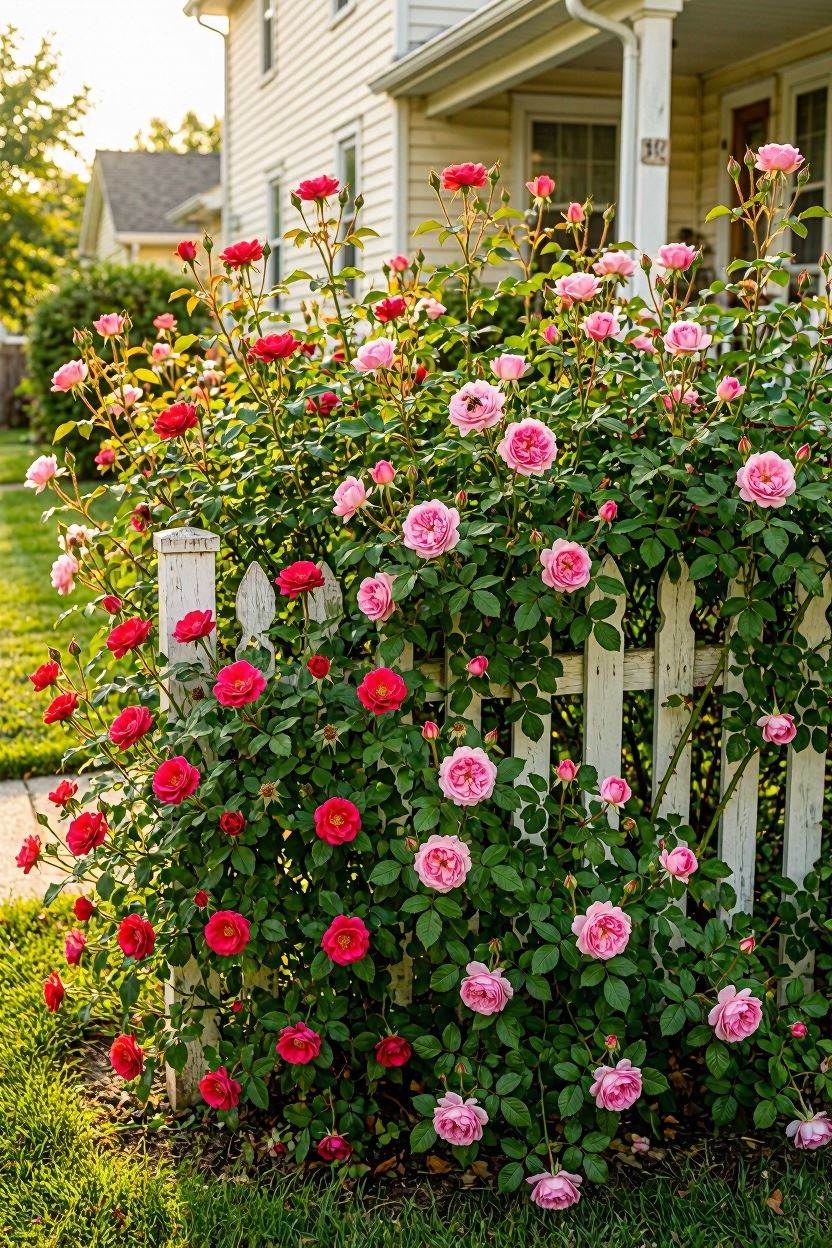 Dense rose hedge with red blooms used as a natural privacy screen in a backyard