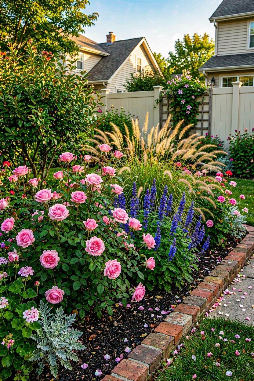 Lush mixed garden border with roses, salvia, and ornamental grasses in a suburban backyard