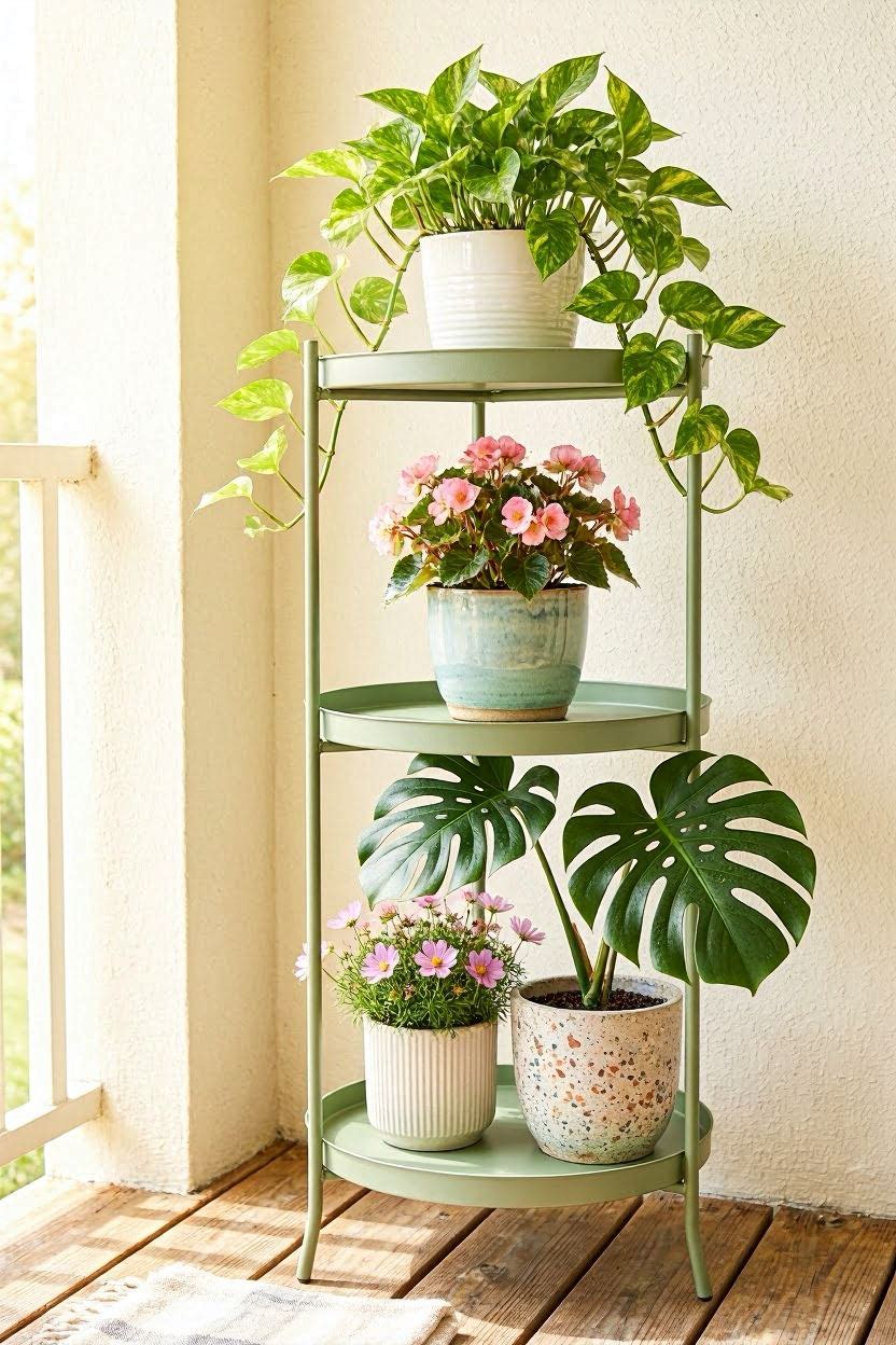 Sage green four-tier round metal plant stand with multiple potted plants including monstera pothos and flowers on a balcony