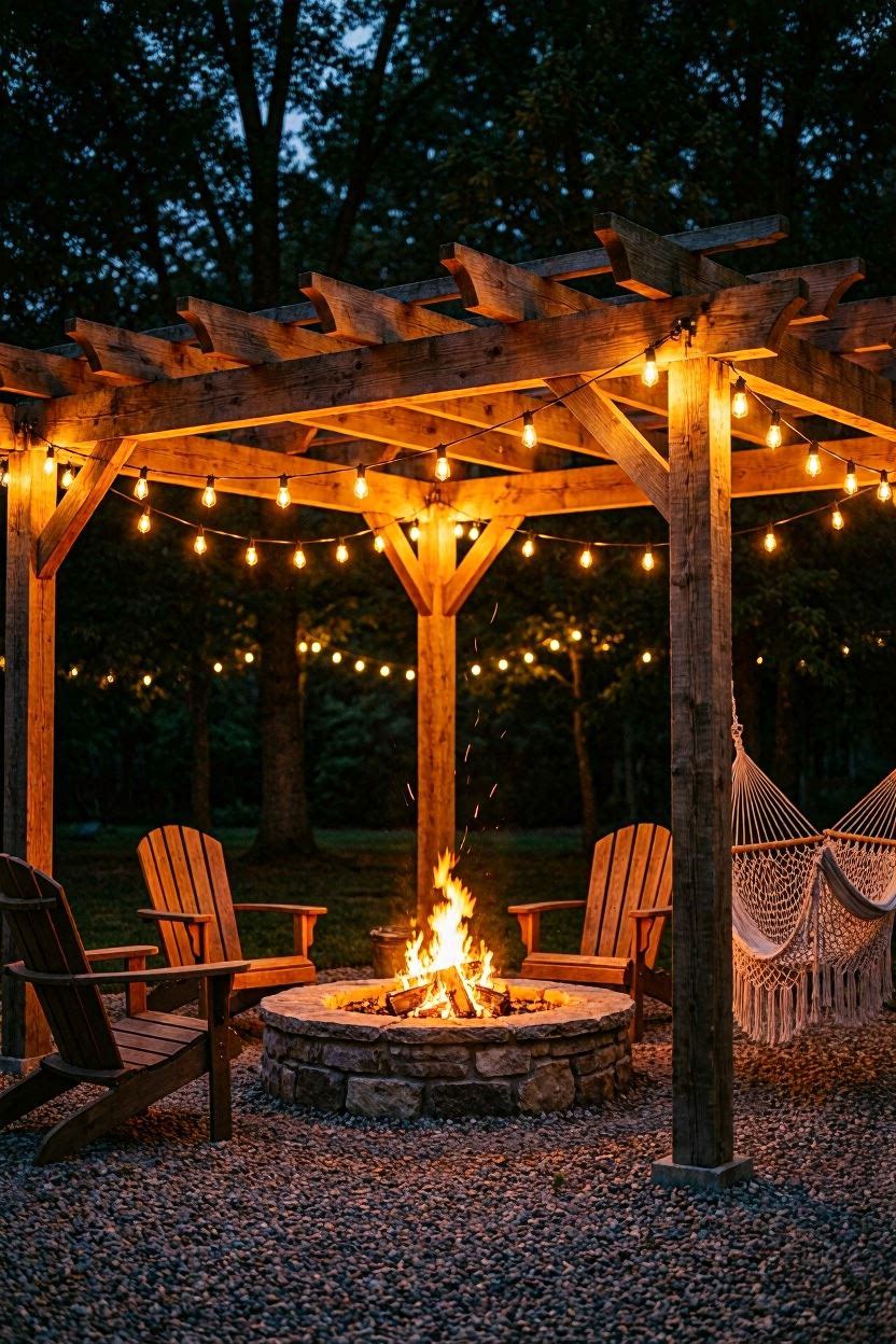 Rustic wooden pergola with glowing string lights at night, a stone ring fire pit with open flame, gravel floor, and a woven hammock chair hung from the post