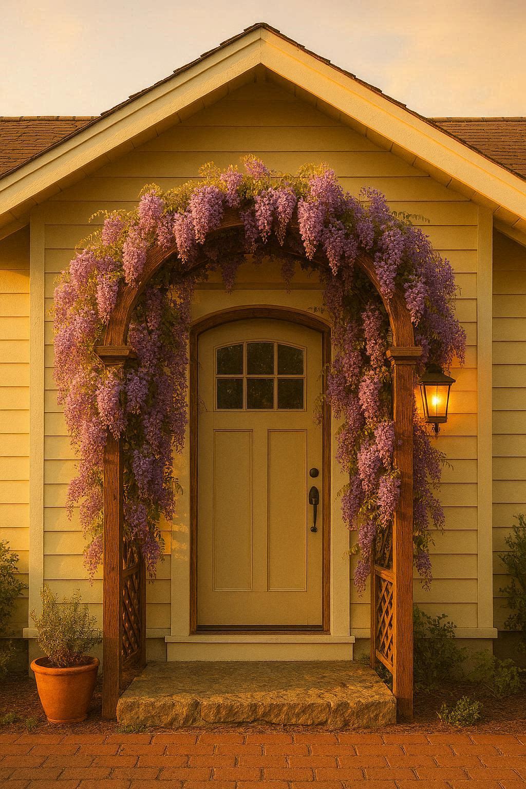 Rustic cedar wood arched trellis dripping with cascading purple wisteria blooms framing front door of American cottage at golden hour sunset