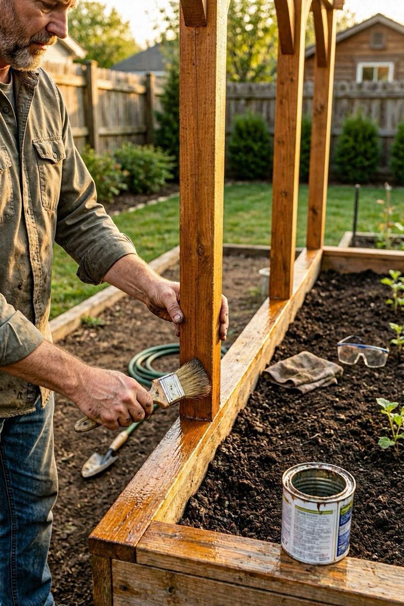 Applying exterior wood sealant to a cedar trellis arch legs to protect from weather and soil moisture