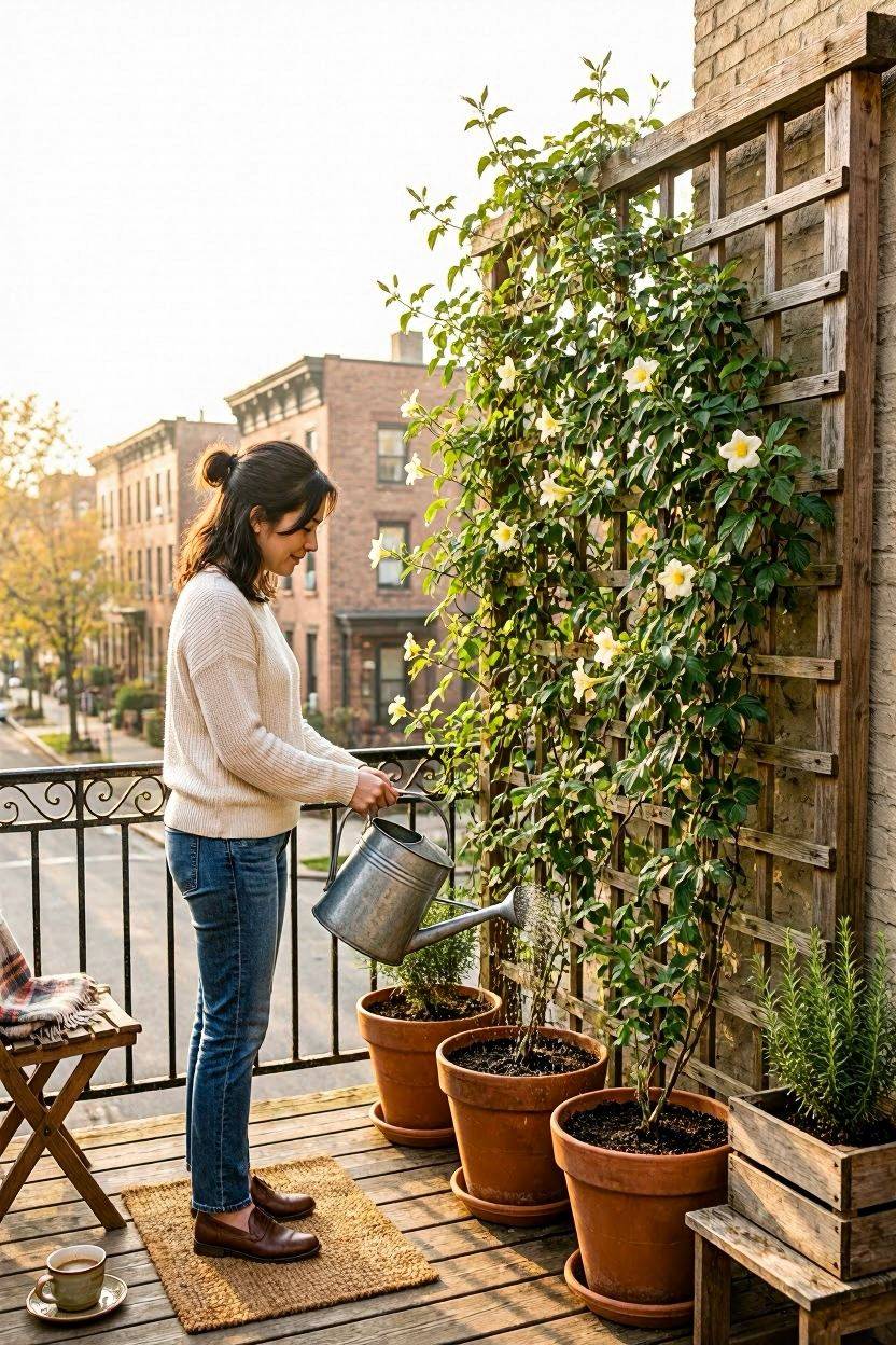 Watering deeply at the base of trellised tomato and cucumber plants on a balcony