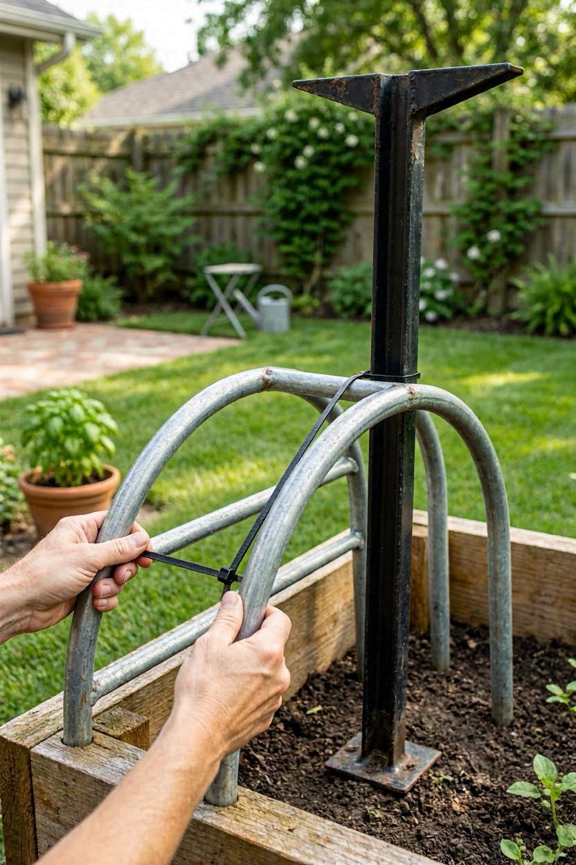 Securing a bent cattle panel arch to metal T-posts inside a raised garden bed with zip ties