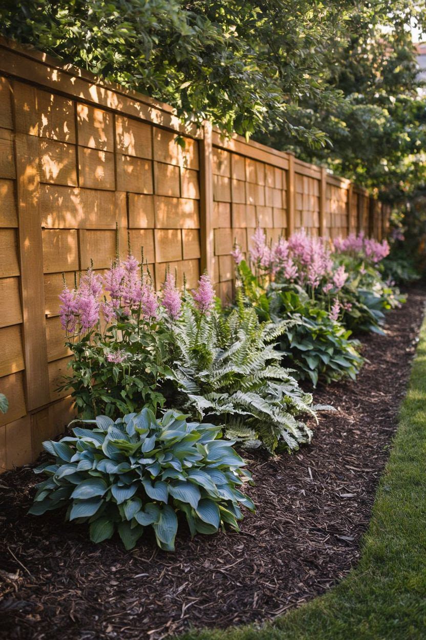 A long garden border along a wooden fence in dappled shade, planted with a repeated pattern of hostas, ferns, and astilbe creating a lush green and pink ribbon of color