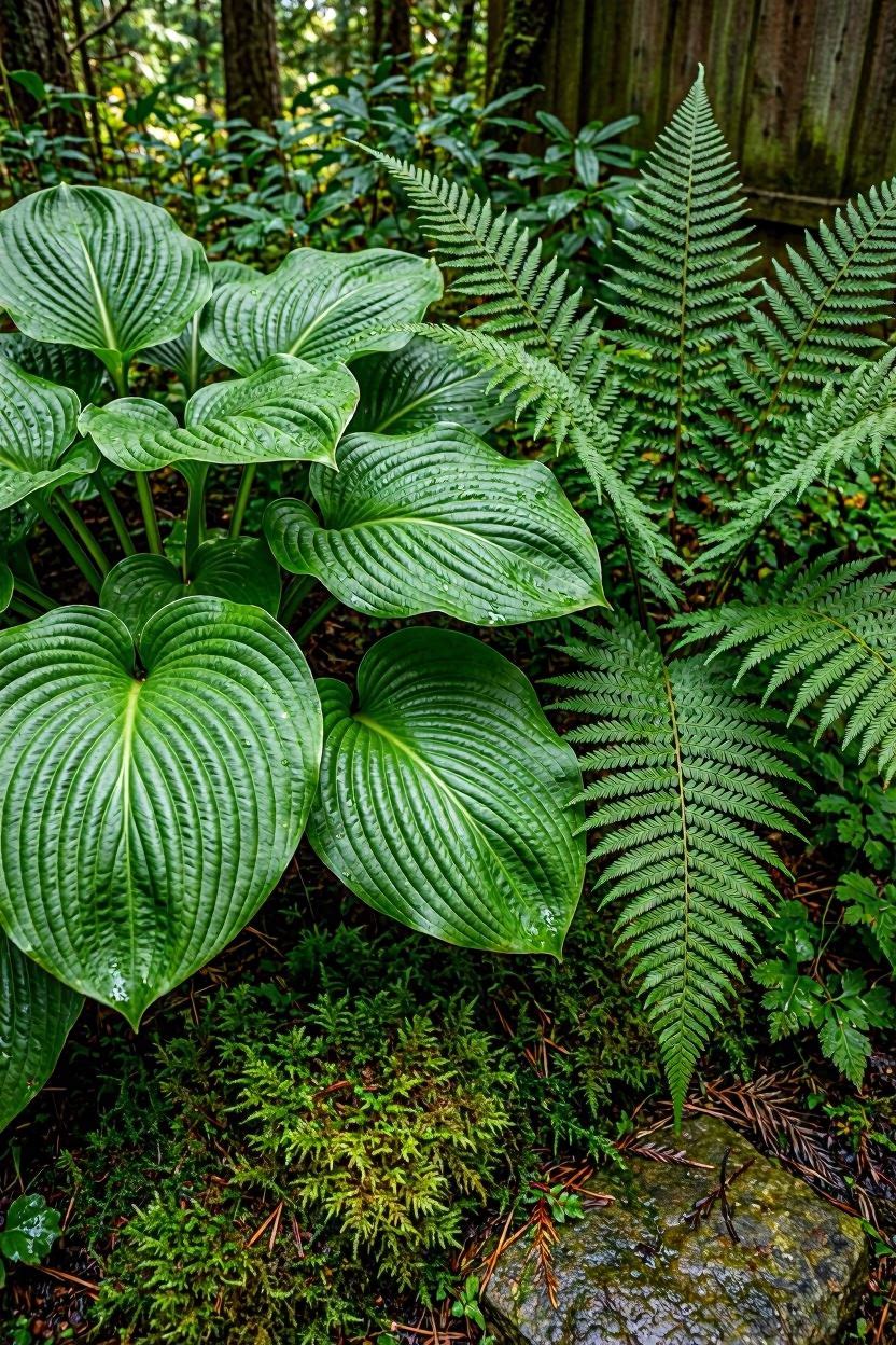 Contrast of large hosta leaves next to delicate fern fronds in shade garden