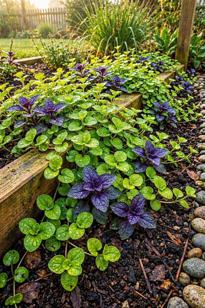 Creeping Jenny and ajuga as ground cover edging a shade garden border