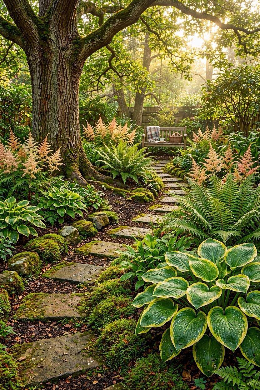 Beautiful layered shade garden with ferns, hostas, and flowering plants under a tree canopy