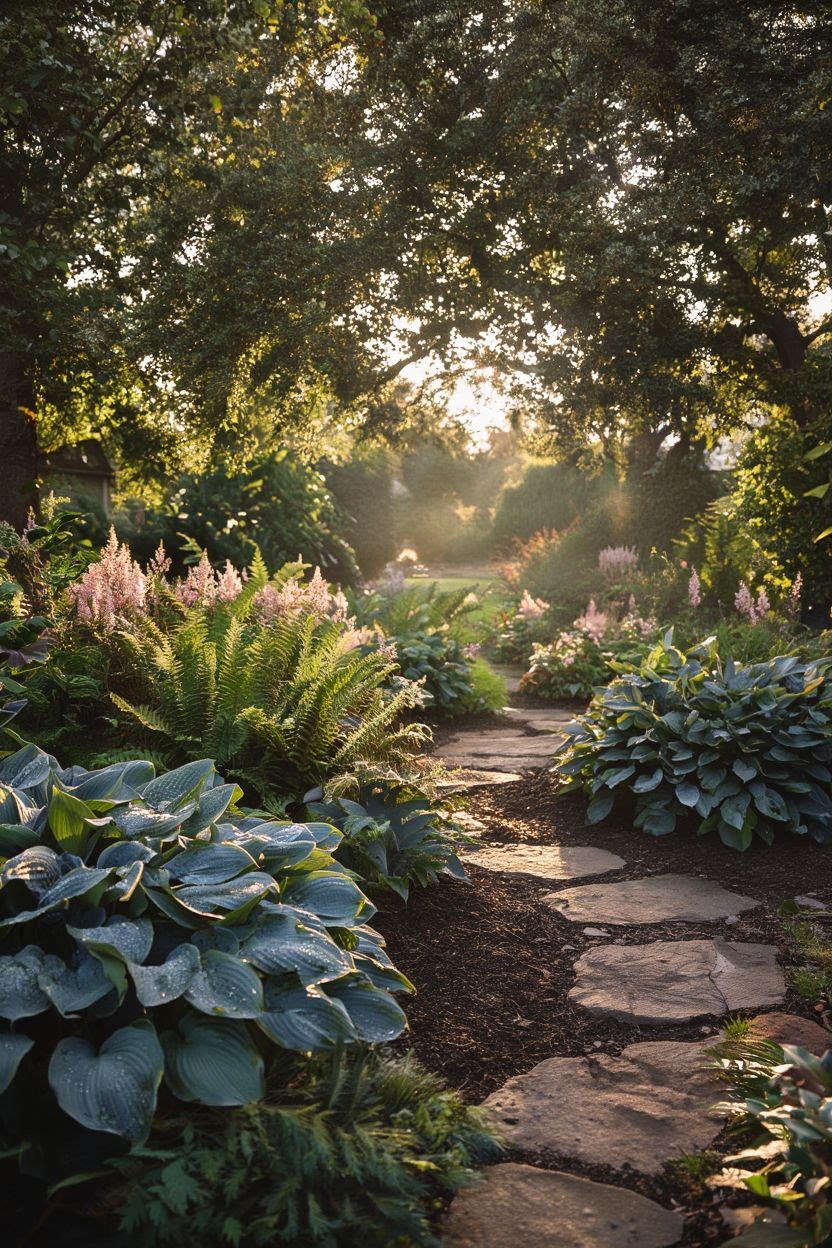 A lush layered shade garden with hostas, ferns, and astilbe along a curved stone path under tall oak trees