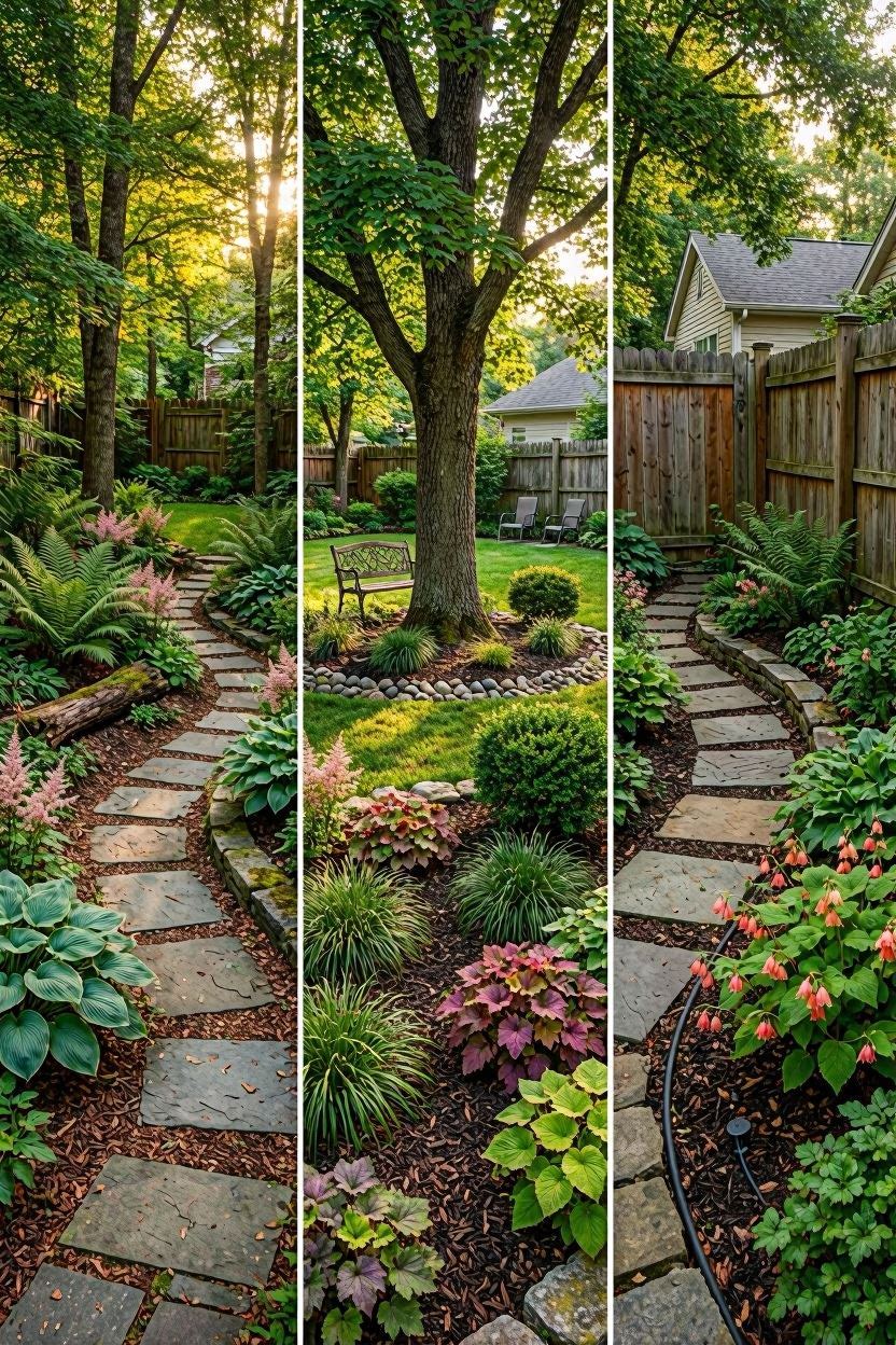 Three shade garden layout styles shown side by side — woodland, island bed, and border design