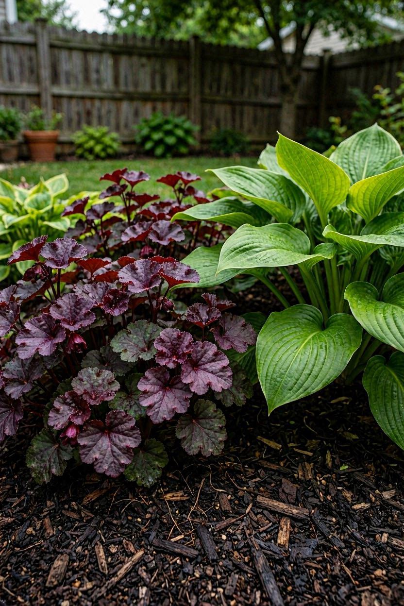 Coral bells and hostas planted together in middle layer of a shade garden bed