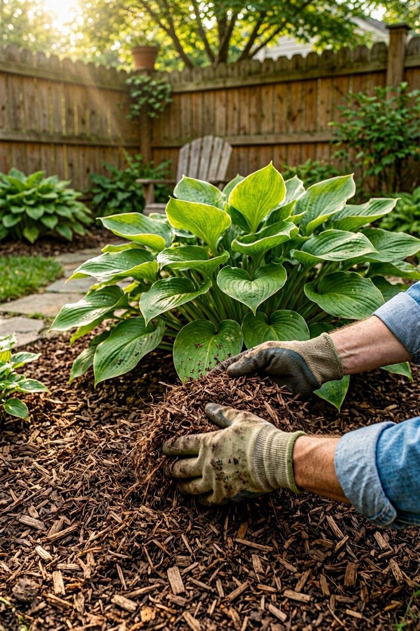 Freshly mulched shade garden bed with shredded bark around hostas and ferns