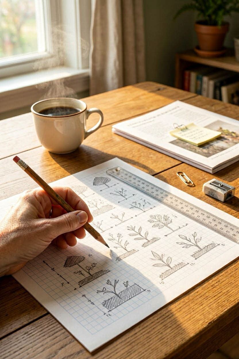 Hand-drawn shade garden sketch on graph paper with plant placement marked